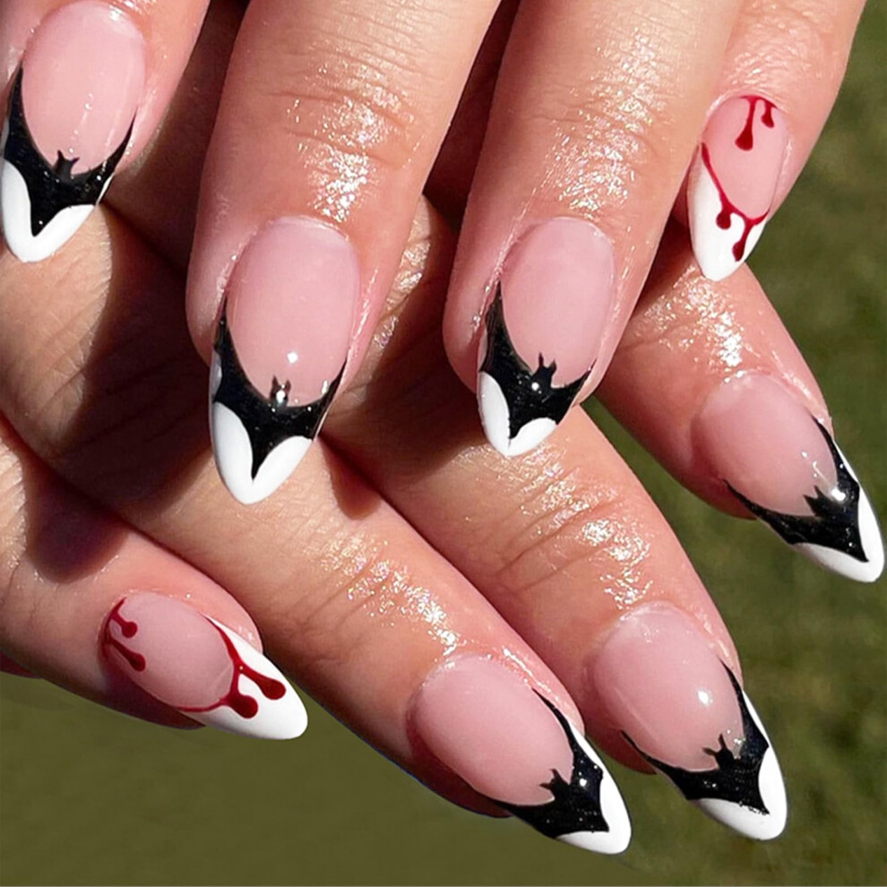 Halloween Press On Nails Medium Almond Fake Nails with Bat and Blood Drop Design, 24pcs Full Cover