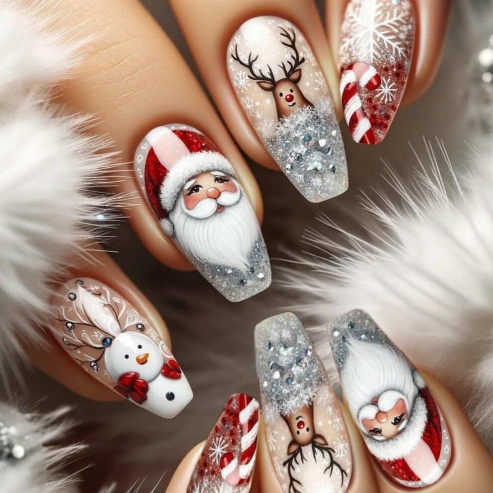 White,Red Long Coffin Christmas Press On Nails With Snowflake And Candy Cane Design, 24Pcs Glossy Red White Holiday Fake Nails