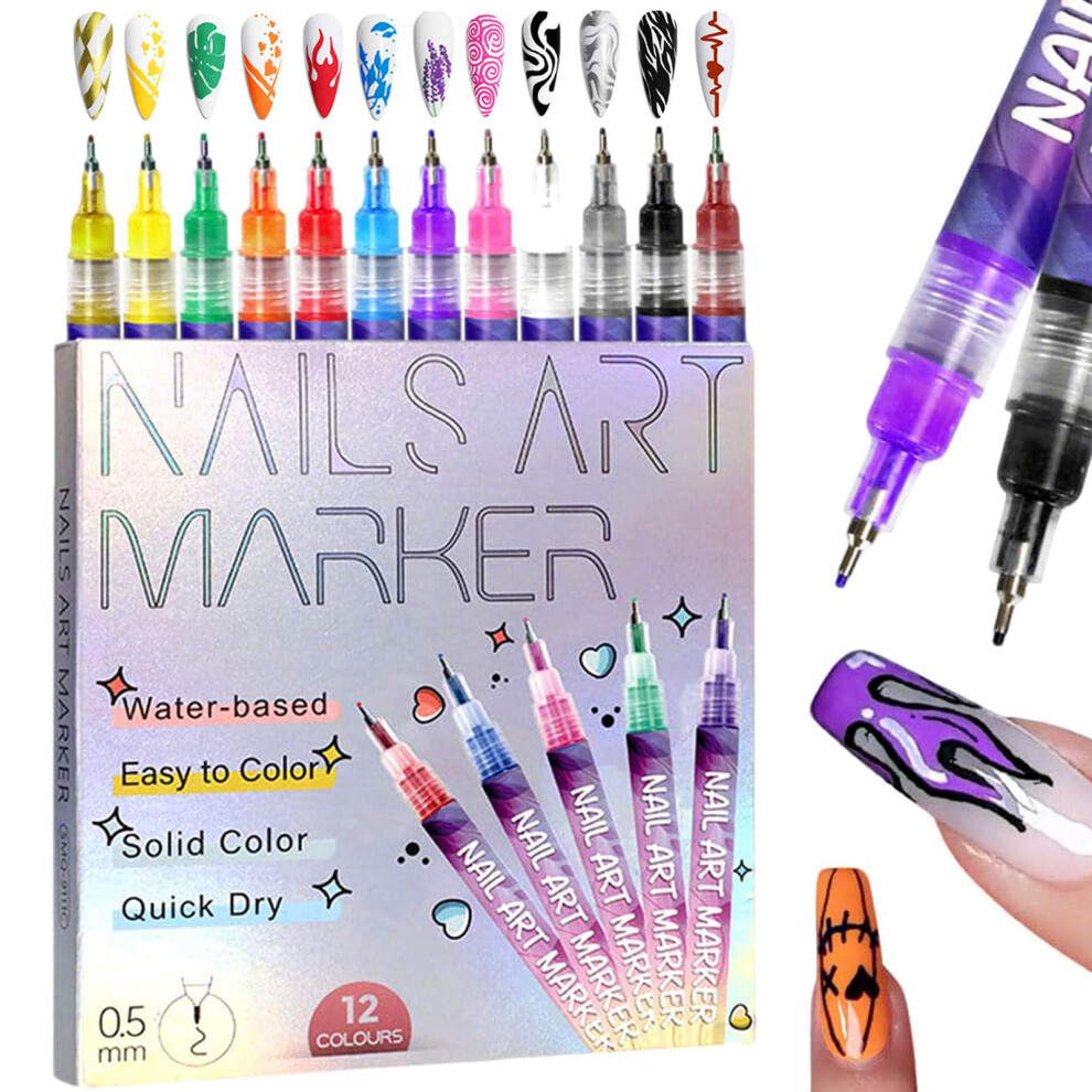 12 Colors Nail Art Pens Set with 0.5mm Fine Tip Gel Nail Art Markers for DIY Manicure Design
