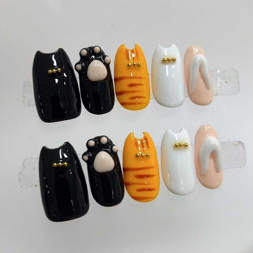 Medium Almond Press on Nails Reusable 3D Cat Paw Acrylic False Nails Cute Glossy 10pcs