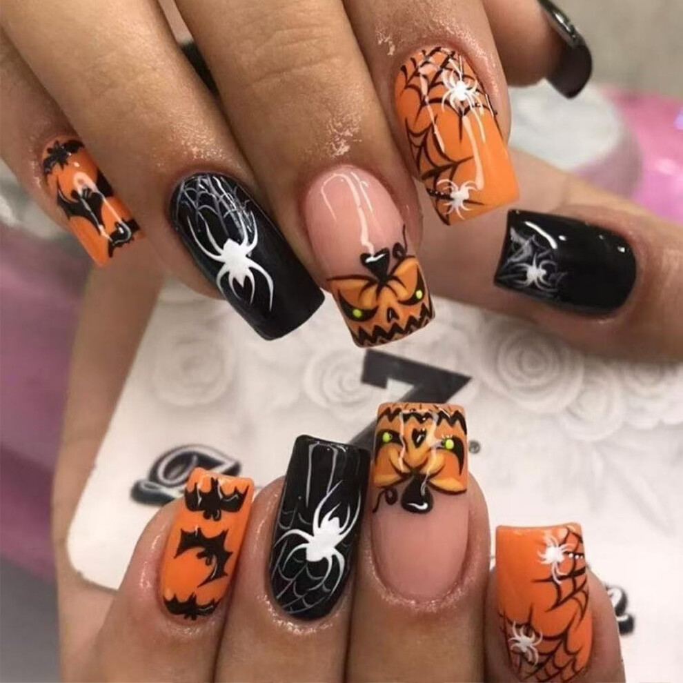 Black Halloween Press On Nails Orange With Pumpkin Spider Web Bat, Reusable Acrylic False Nails