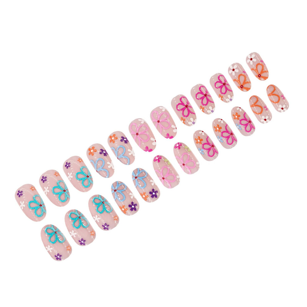 24 Pcs Almond Press On Nails Glossy French Tips with Flower Design Durable for Weddings