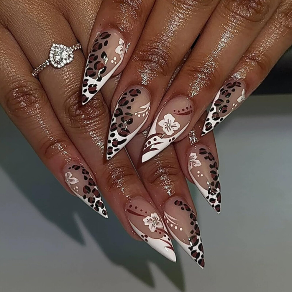 Medium Almond Press On Nails White French Tip and Leopard Acrylic Reusable Glossy Finish