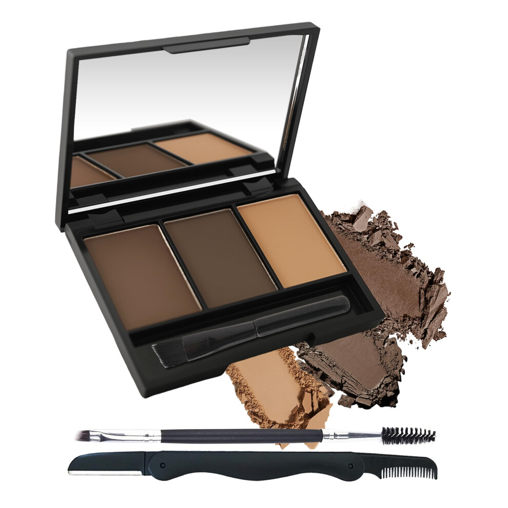Eyebrow Powder Kit 3Color Waterproof Long Lasting Palette with Brush Razor for Full Brows
