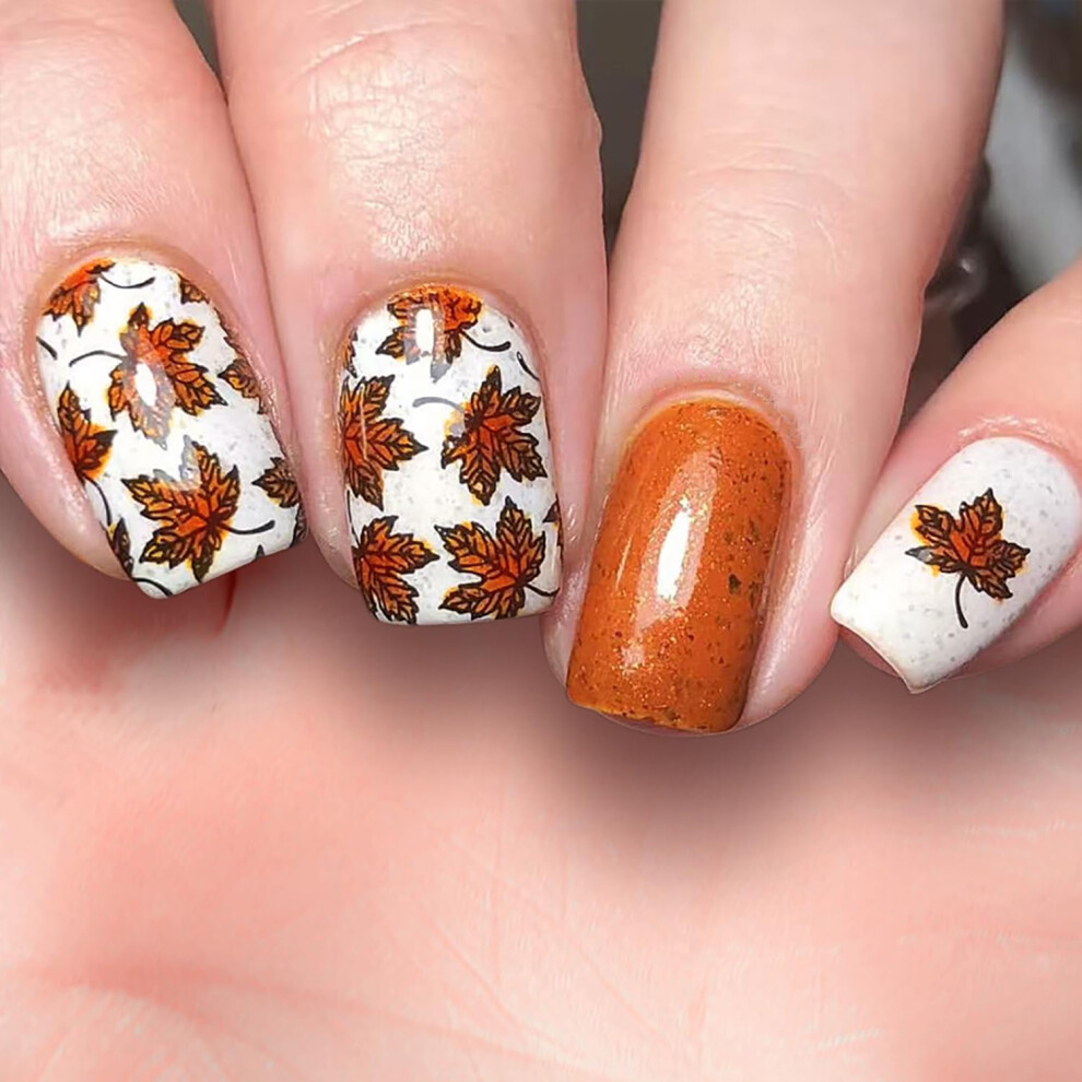 Orange Fall Press On Nails Short Square Maple Leaf Glitter Reusable Thanksgiving False Nails 24Pcs