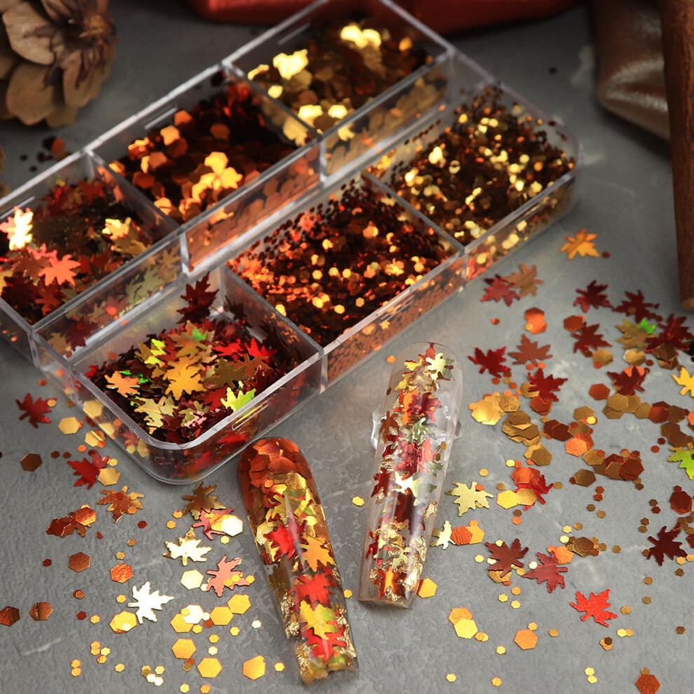 Maple Leaf Nail Art Glitter Set 6 Colors Holographic Autumn Sequins for Acrylic and Gel Nails
