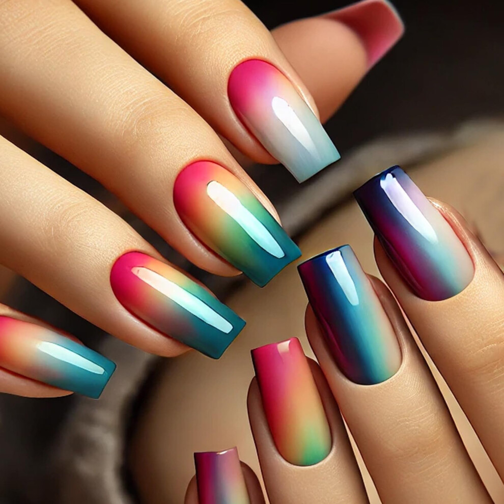 Square Press On Nails with Glue Gradient Fake Nails for Women Wedding Party Salon Look