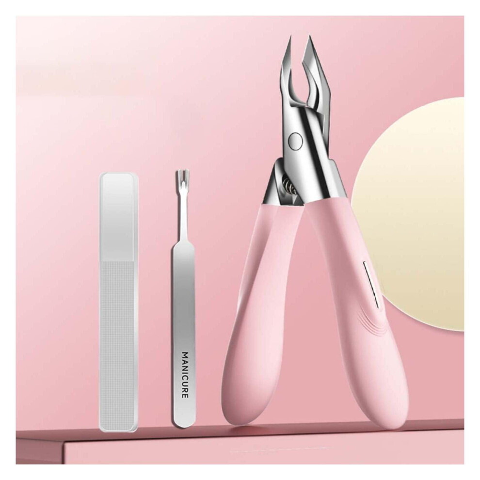 Pink Ingrown Toenail Clippers Set With Extrawide Jaw, Nonslip Grip, 3Piece Kit For Thick Nails,