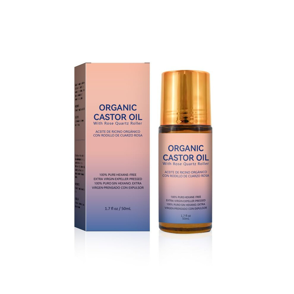 Organic Castor Oil Roll On with Rose Quartz Applicator, Cold Pressed for Eyebrows and Eyelashes, 50mL