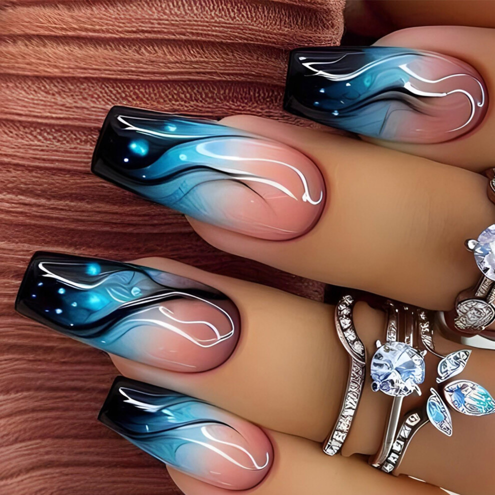 Blue 24 Pcs Gradient Flame Press On Nails Long Glossy Ballerina Fake Nails For Women