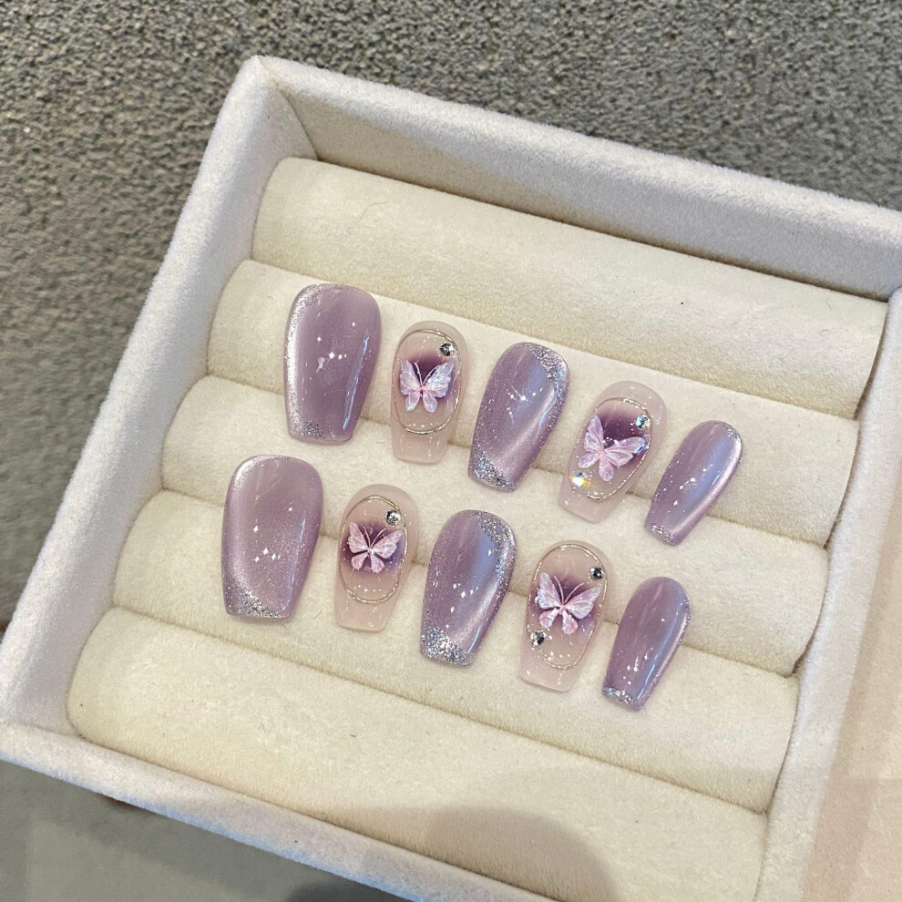 Purple Long Coffin Press On Nails Handmade Ballerina Fake Nails Set Easy Apply And Remove