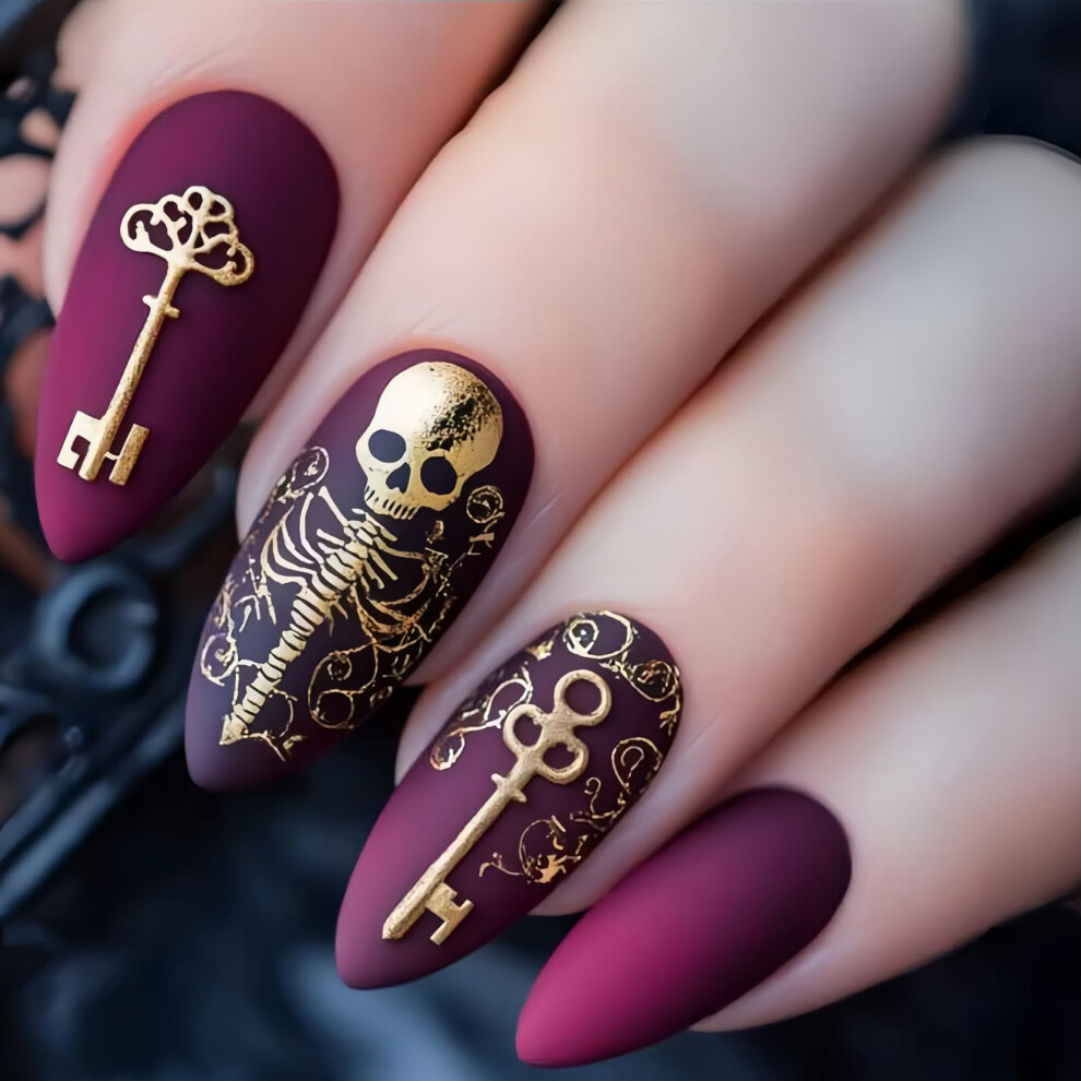 Red,Gold Halloween Press On Nails Medium Almond Shape Red Gold Skull Design Reusable False Nails 24Pcs