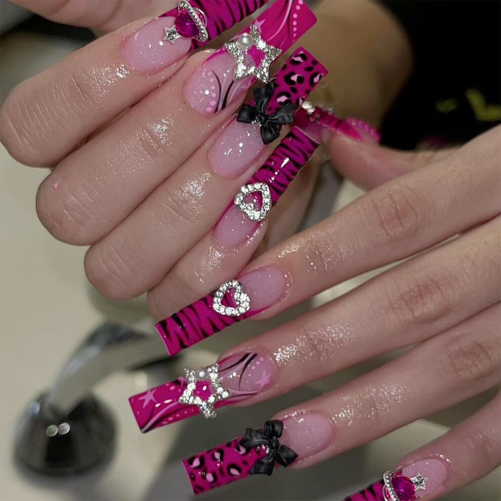 Long Square Press On Nails with Glue Pink French Tip Fake Nails Zebra Stripe Design 24pcs