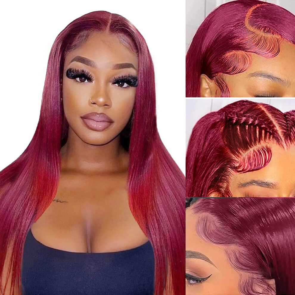 Unisex Red 20 Inch Burgundy Lace Front Wig Human Hair 13X4 Hd Glueless Pre Plucked 99J For Women