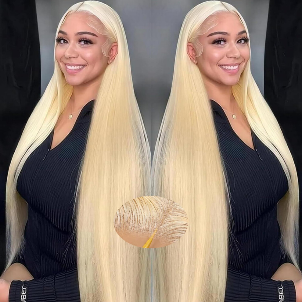 28 Inch 613 Blonde Lace Front Wig Human Hair, Glueless PrePlucked HD Closure, 220% Density