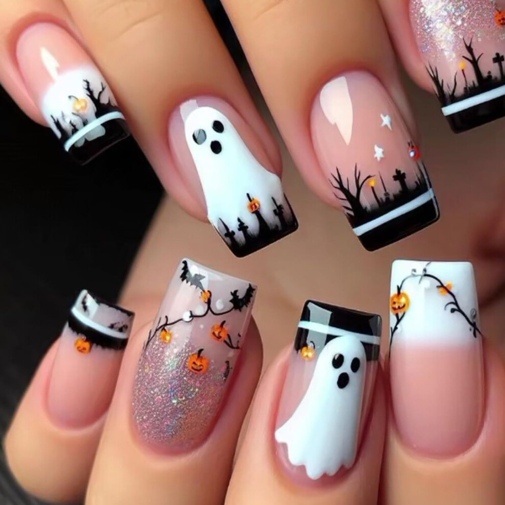 Halloween Press On Nails Acrylic Fake Nails White Gradient French Tip Square Medium 24Pcs