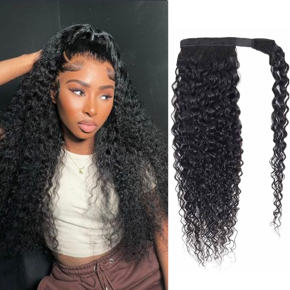 Unisex Black 24 Inch Kinky Curly Human Hair Ponytail Extension Wrap Around Clip In For Women