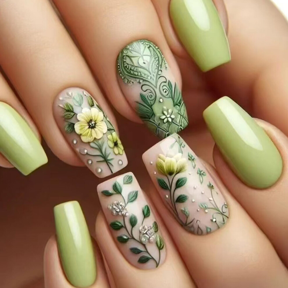 Green Floral Press On Nails 24 Pcs Medium Square Artificial Nails Easy Application Salon Quality Finish