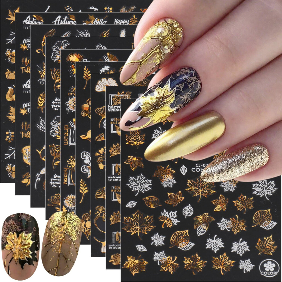 9pcs Fall Nail Art Stickers Gold Glitter Maple Leaf 3D Autumn Butterfly Flower Decals for Thanksgiving Manicure
