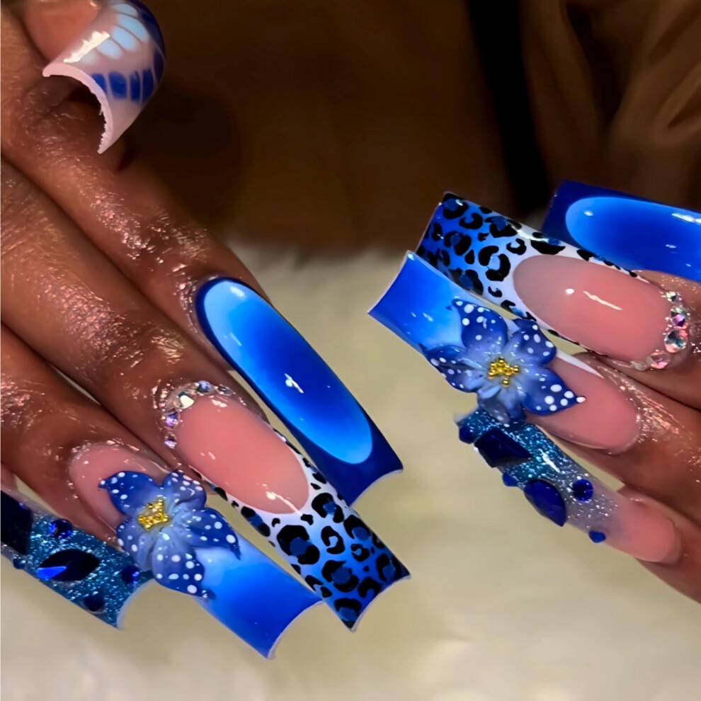 Blue French Tip Press On Nails Extra Long Square Fake Nails With 3D Flower Rhinestones 20Pcs