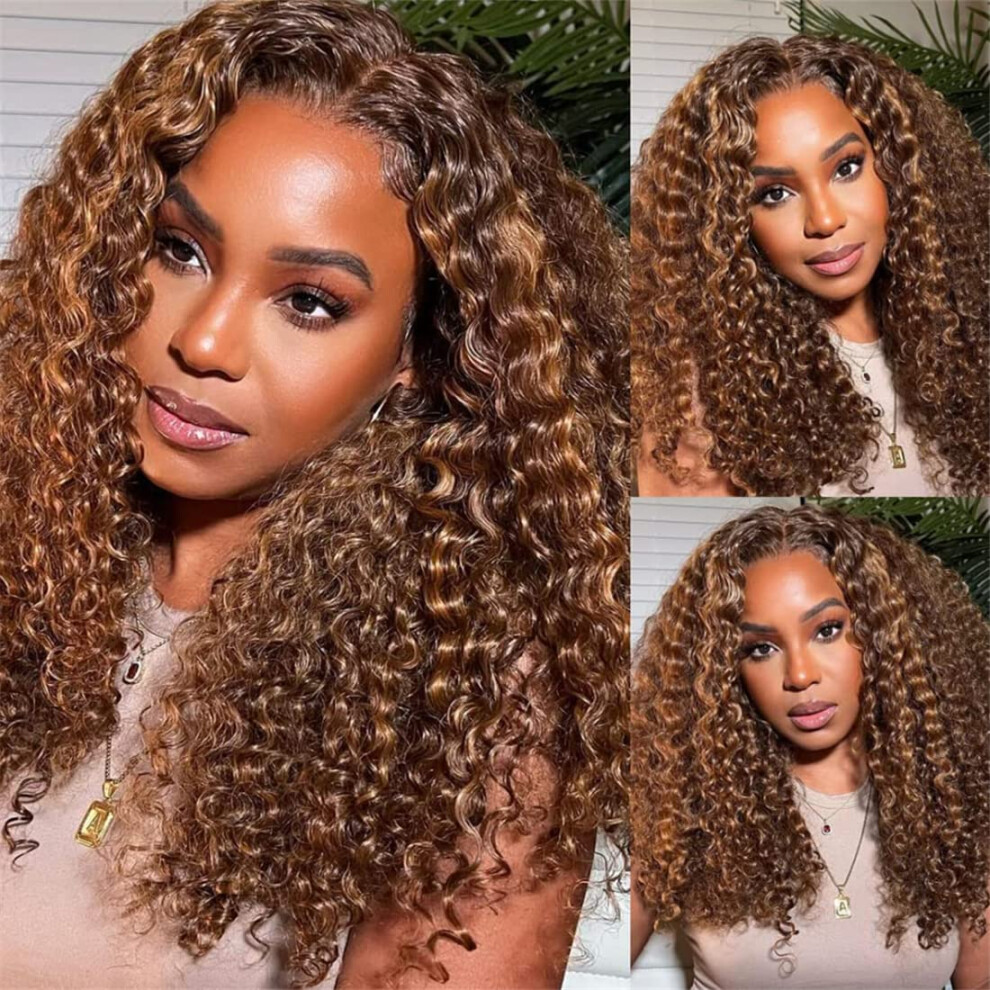 Unisex Brown 13X4 Curly Human Hair Lace Front Wig Ombre Piano Jerry Curl Pre Plucked 150% Density 22'