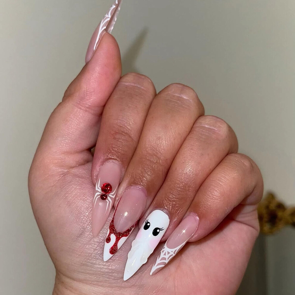 White Press On Nails Long Stiletto Goth Spider Web Acrylic Fake Nails 3D Design Glossy 24Pcs