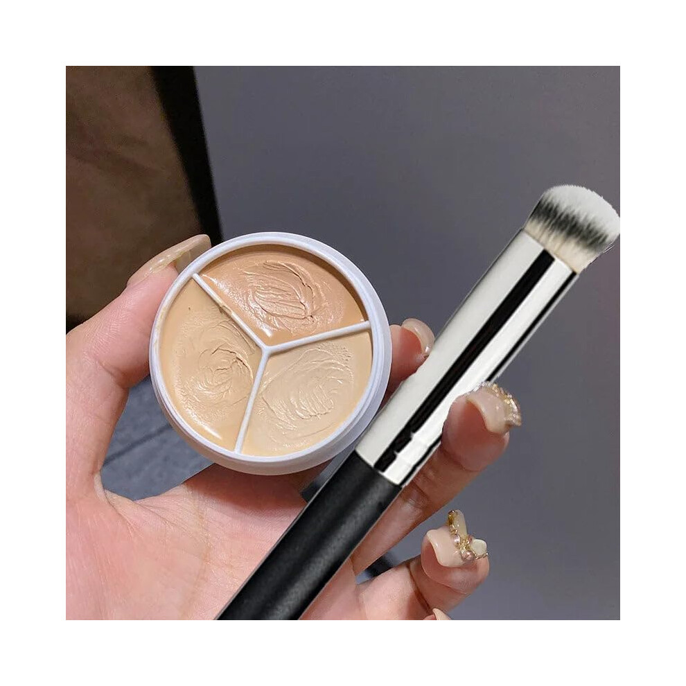 Cream/Dark 3 Color Concealer Palette With Brush, Smooth Buildable Coverage For Circles
