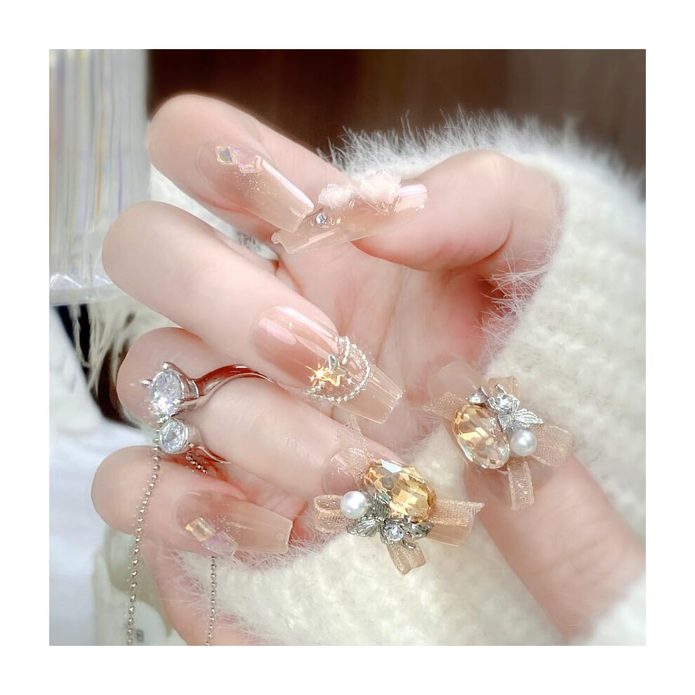 Champagne Press On Nails Set with 3D Bow Rhinestones, Glossy Full Cover Fake Nails, 24pcs