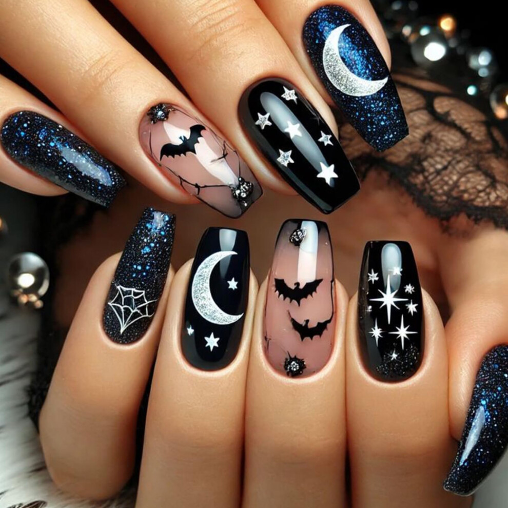 Halloween Press On Nails with Black Bat and Star Moon Design, Reusable False Nail Tips, 24pcs