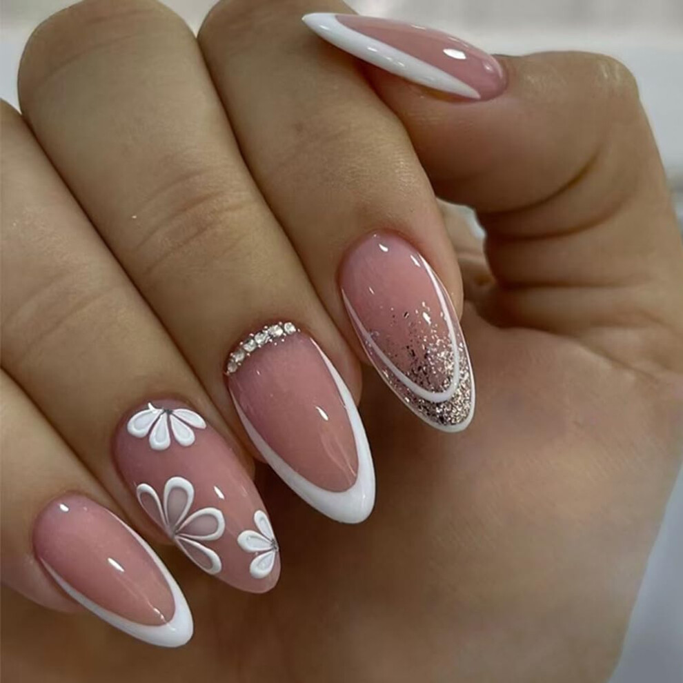 White Almond Press On Nails With French Tips Daisy Design, Reusable Salonquality Set, 24 Pcs