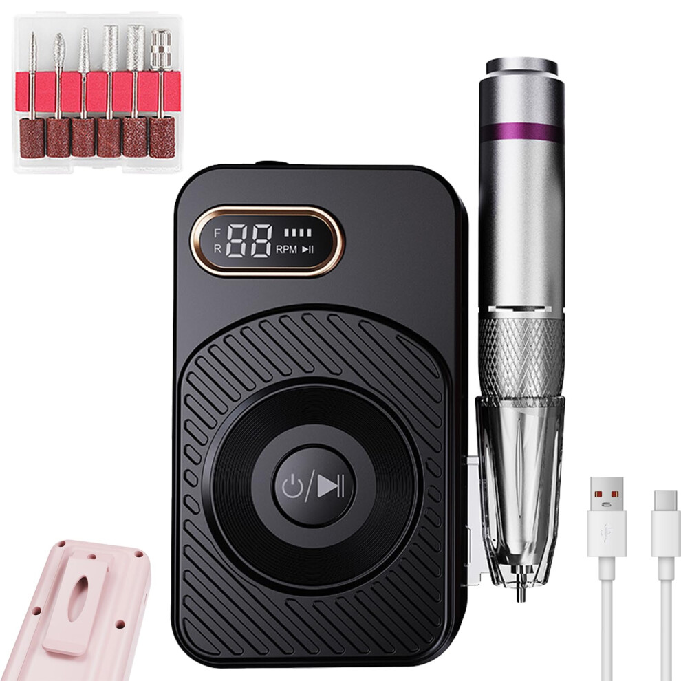 Black Professional Nail Drill 45000Rpm Cordless Rechargeable Electric Nail File For Acrylic And Gel Nails With Bits And Lcd Display