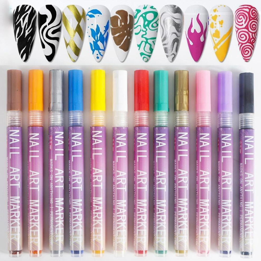12 Colors Waterproof Nail Art Pens Set with QuickDry Formula and Precise Flexible Tip for DIY Manicure