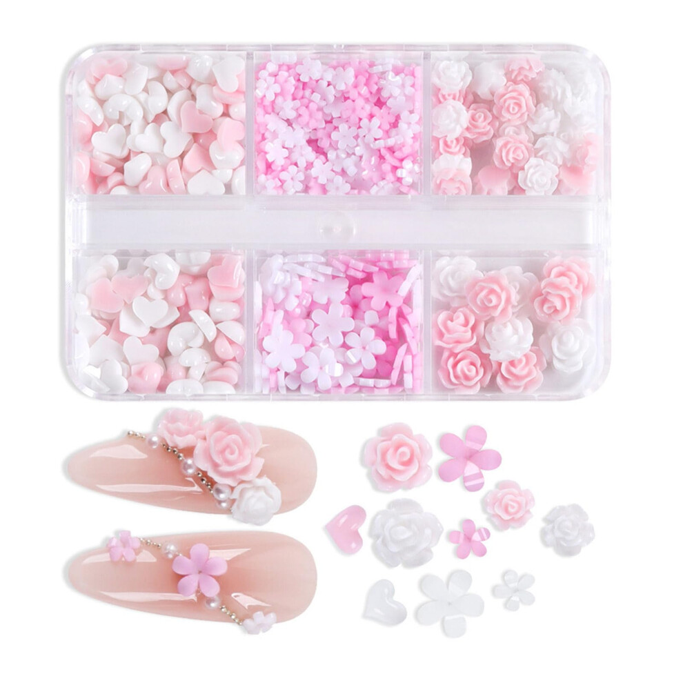 6 Grids Heart and Flower Nail Art Charms Resin Decoration Accessories for Acrylic Nails