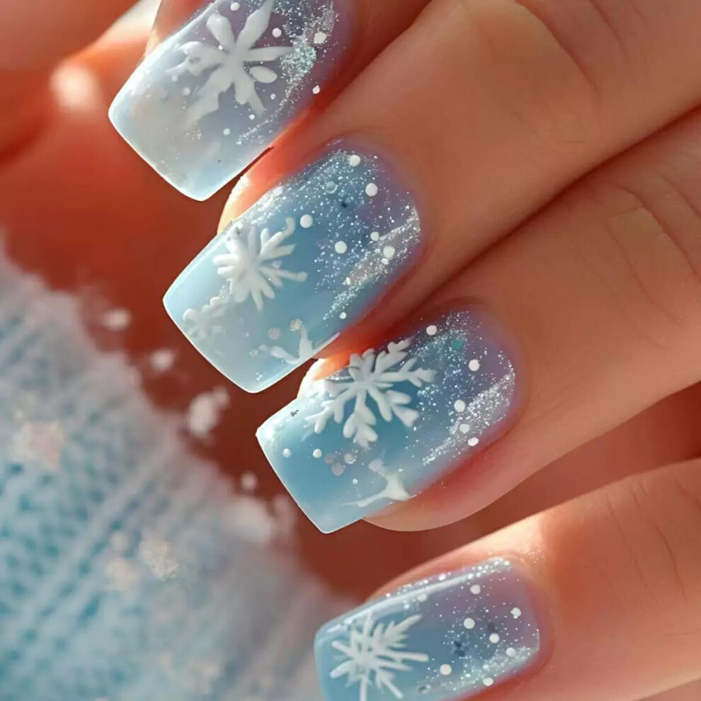 Blue Christmas Press On Nails Snowflake Fake Nails Reusable Winter Holiday Acrylic Nail Kit 24Pcs