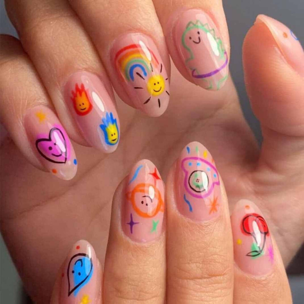 Almond Press On Nails Short Fake Nails with Graffiti Design Glossy Reusable Acrylic Set 24pcs
