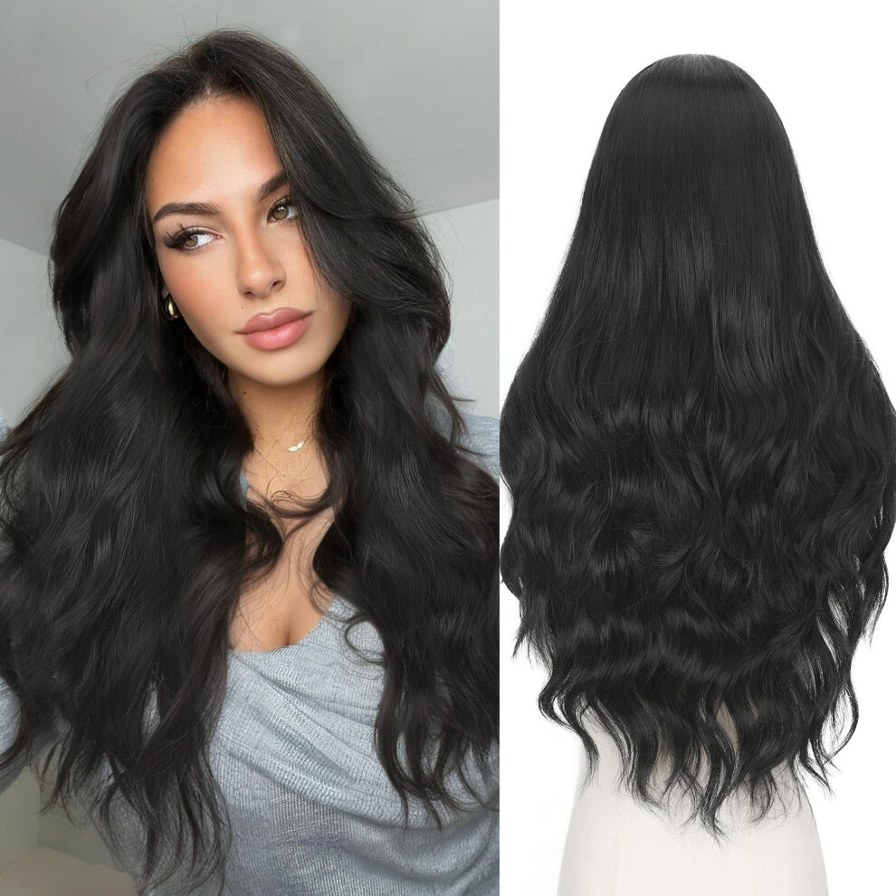 Unisex Black Long Wavy Synthetic Wig 26 Inch With Natural Lace Hairline, Heat Resistant Fiber For Women