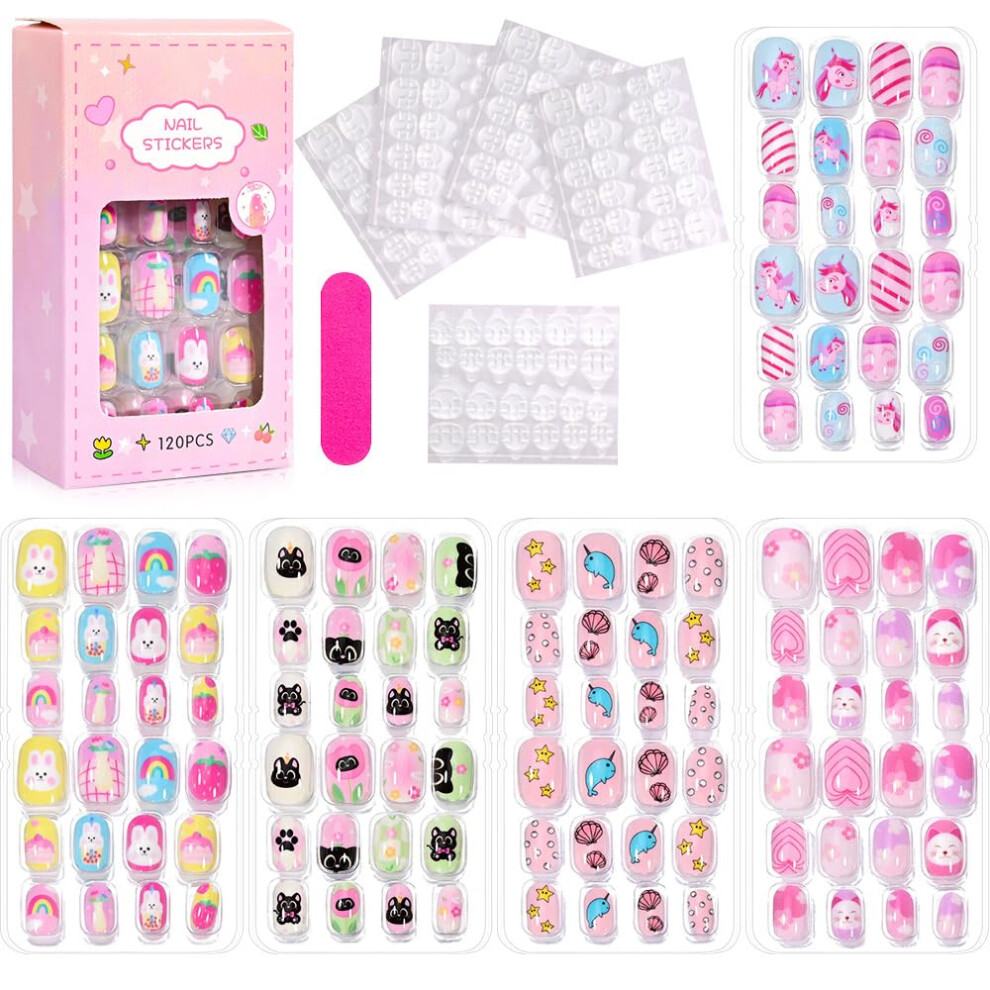120 Pcs Kids Press On Nails Unicorn Fake Nails Ready to Wear Glossy Jelly Finish Nail Art Kit