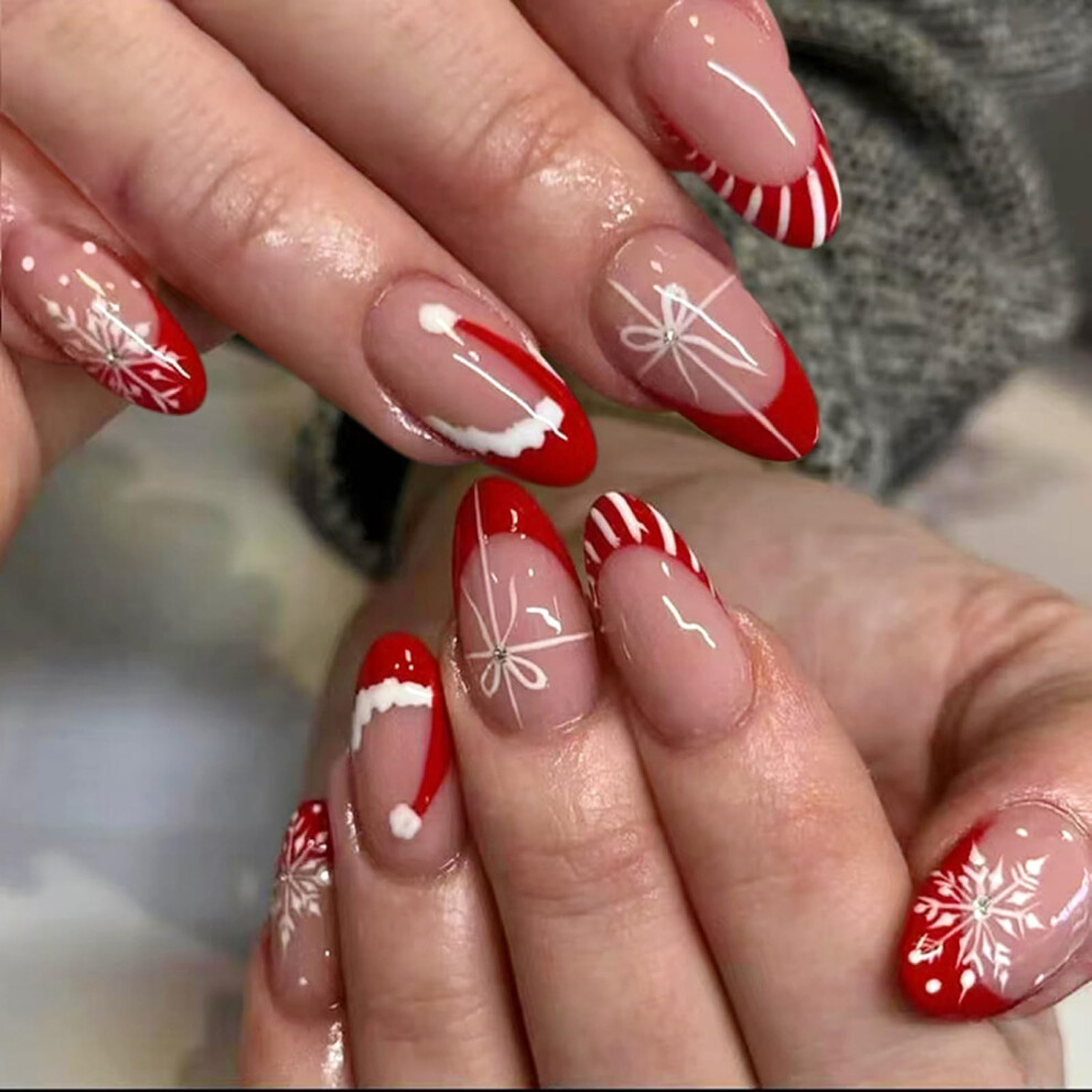 Red Christmas Press On Nails Fake Nails Medium Almond Glossy Reusable Set Festive Holiday Design 24Pcs