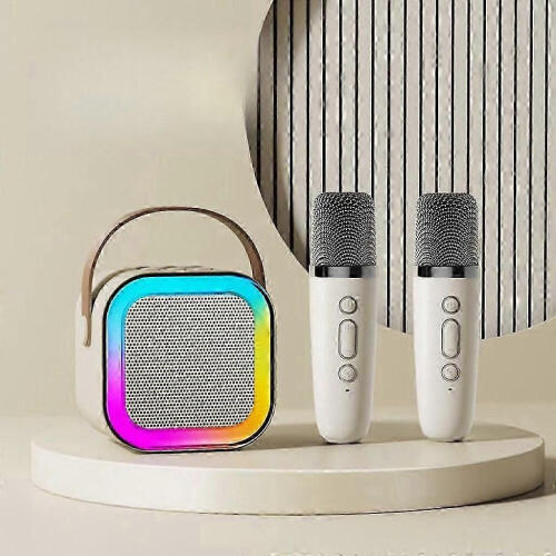 Macchina per karaoke Bluetooth con 2 microfoni wireless, luci LED e design portatile per feste in casa, bianca 2