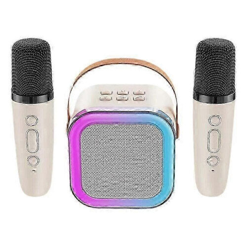 Macchina per karaoke Bluetooth con 2 microfoni wireless, luci LED e design portatile per feste in casa, bianca 1