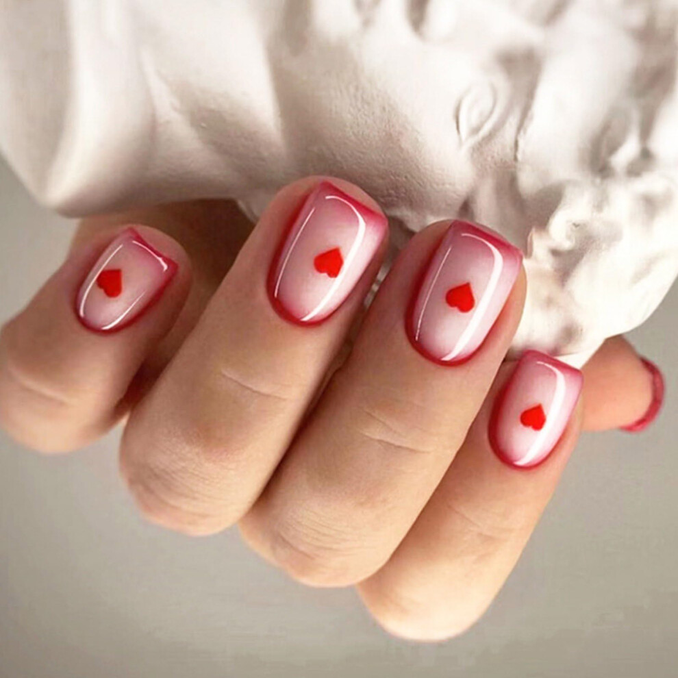 Valentines Day Press On Nails Short Square Heart False Nails with Romantic French Tip Design