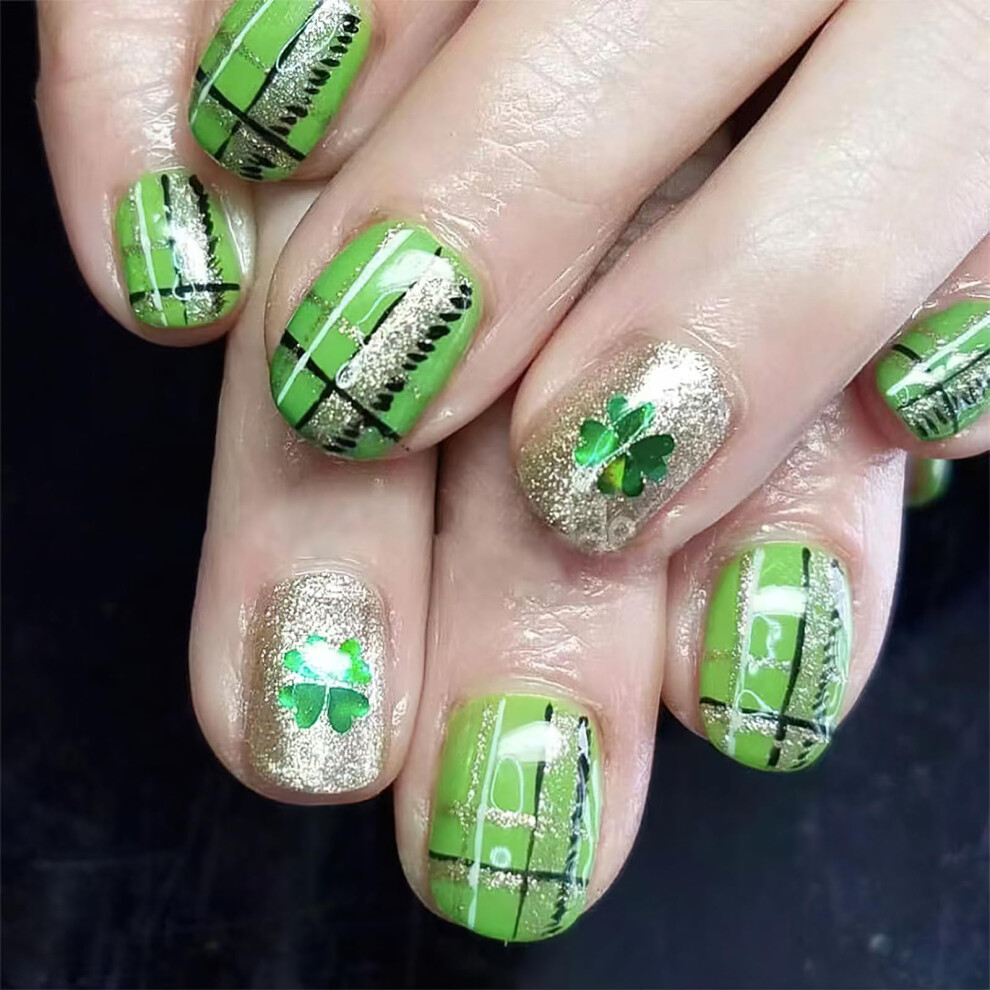 St. Patrick's Day Press on Nails Short Square Green Glitter Fake Nails with Shamrock Plaid 24Pcs