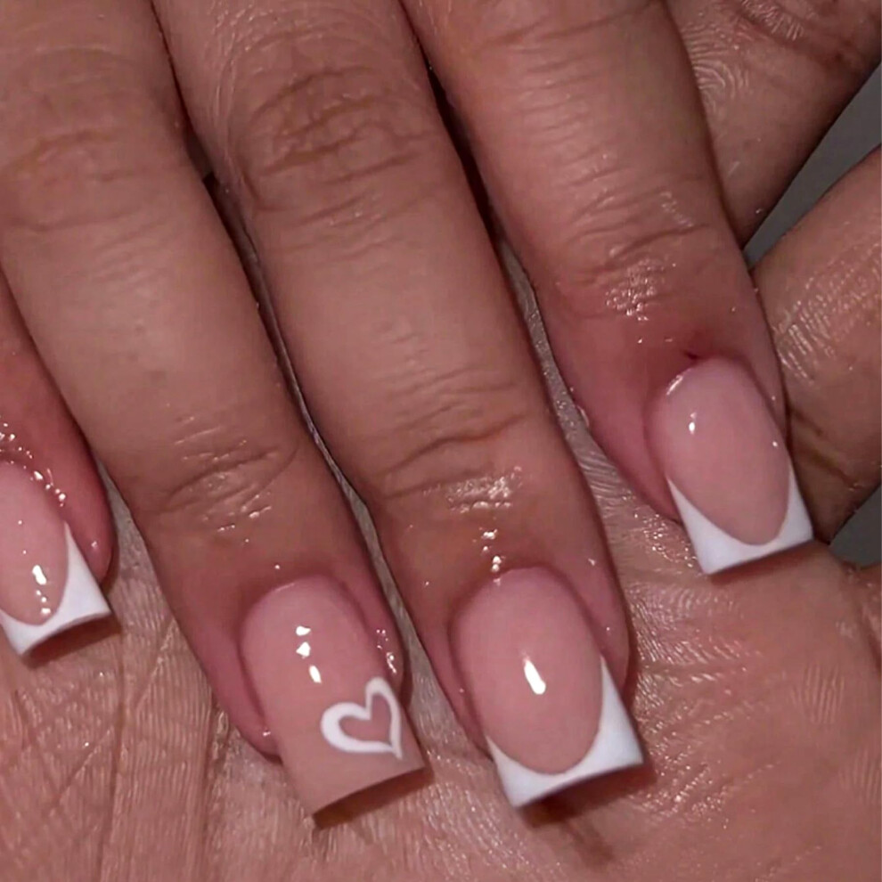 Square Press on Nails with Elegant Heart Designs, Short Glossy Valentine's Day Fake Acrylic Nails, 24Piece Set for Women
