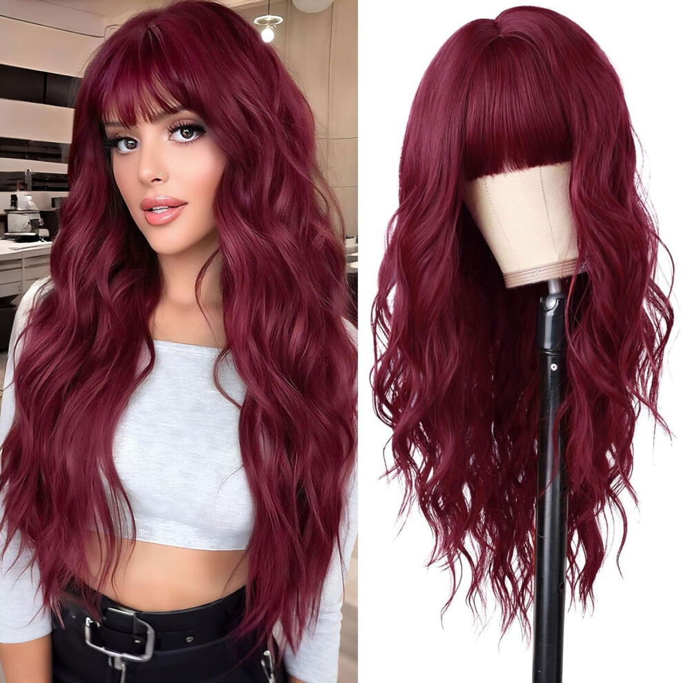 Burgundy Wig 26 Inch Long Wavy with Bangs Handtied Hairline Heat Resistant for Women