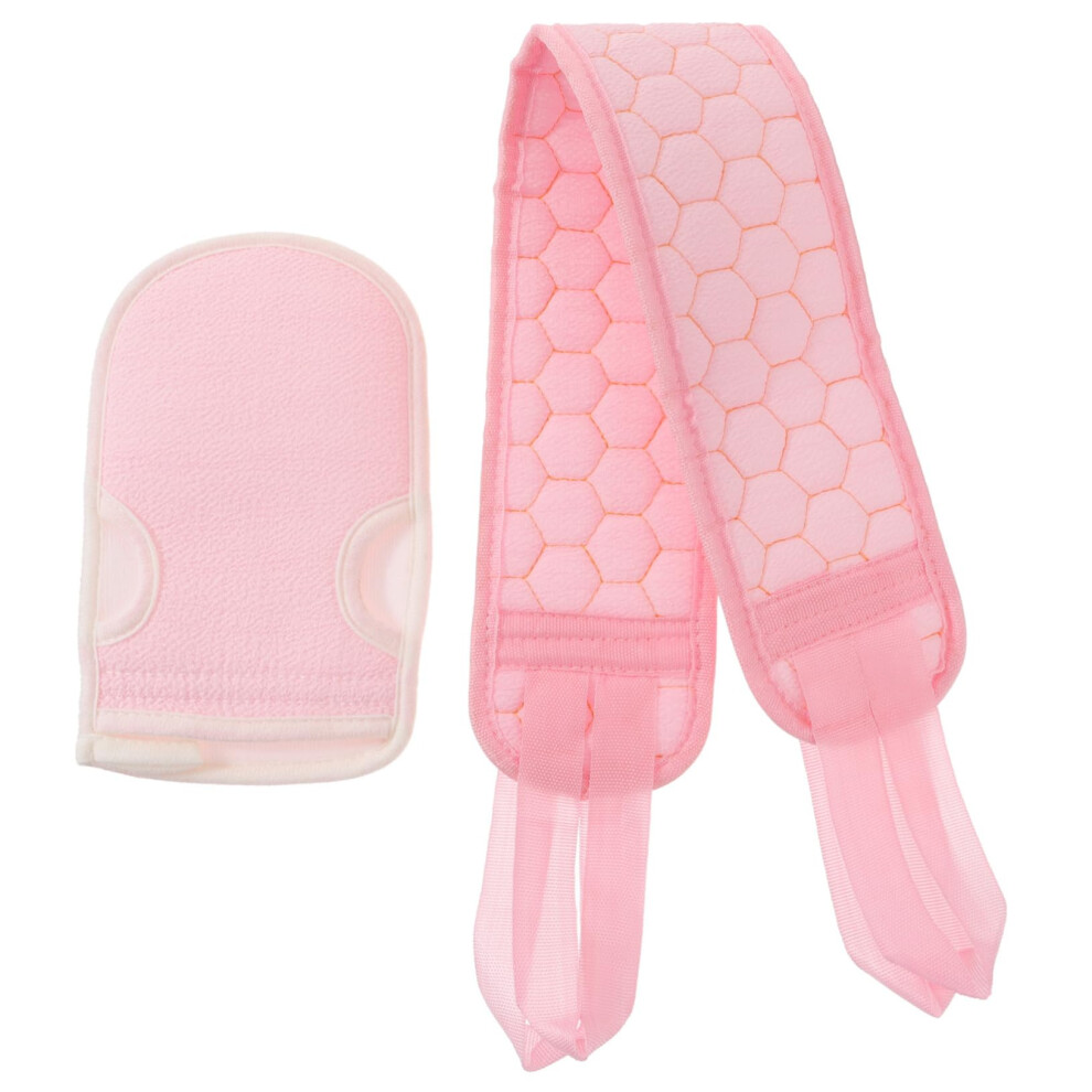 Pink Exfoliating Back Scrubber Strap And Bath Gloves Set For Deep Cleansing Spa Relaxation