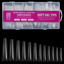 240Pcs Long Coffin Soft Gel Nail Tips Clear Half Cover Extensions 12 Sizes Salon Quality Finish