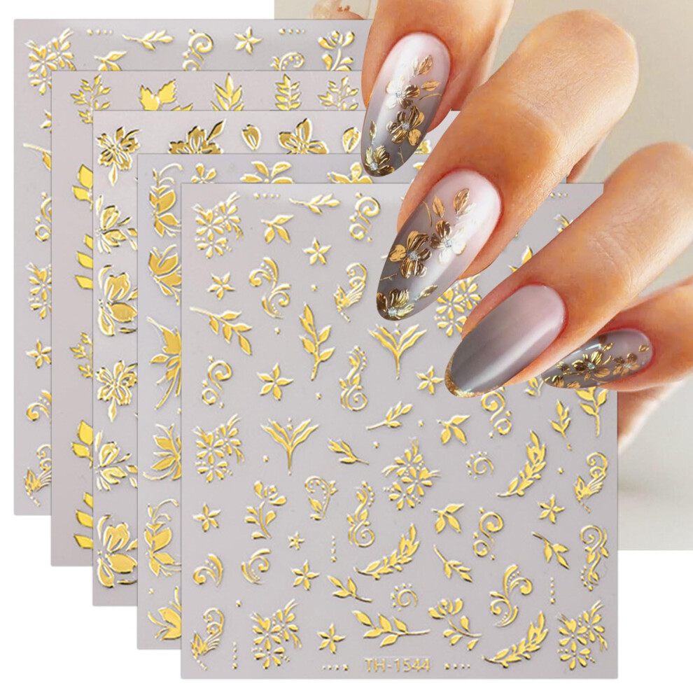 8 Sheets Gold Flower Nail Art Stickers Self Adhesive Decals for Natural and Acrylic Nails