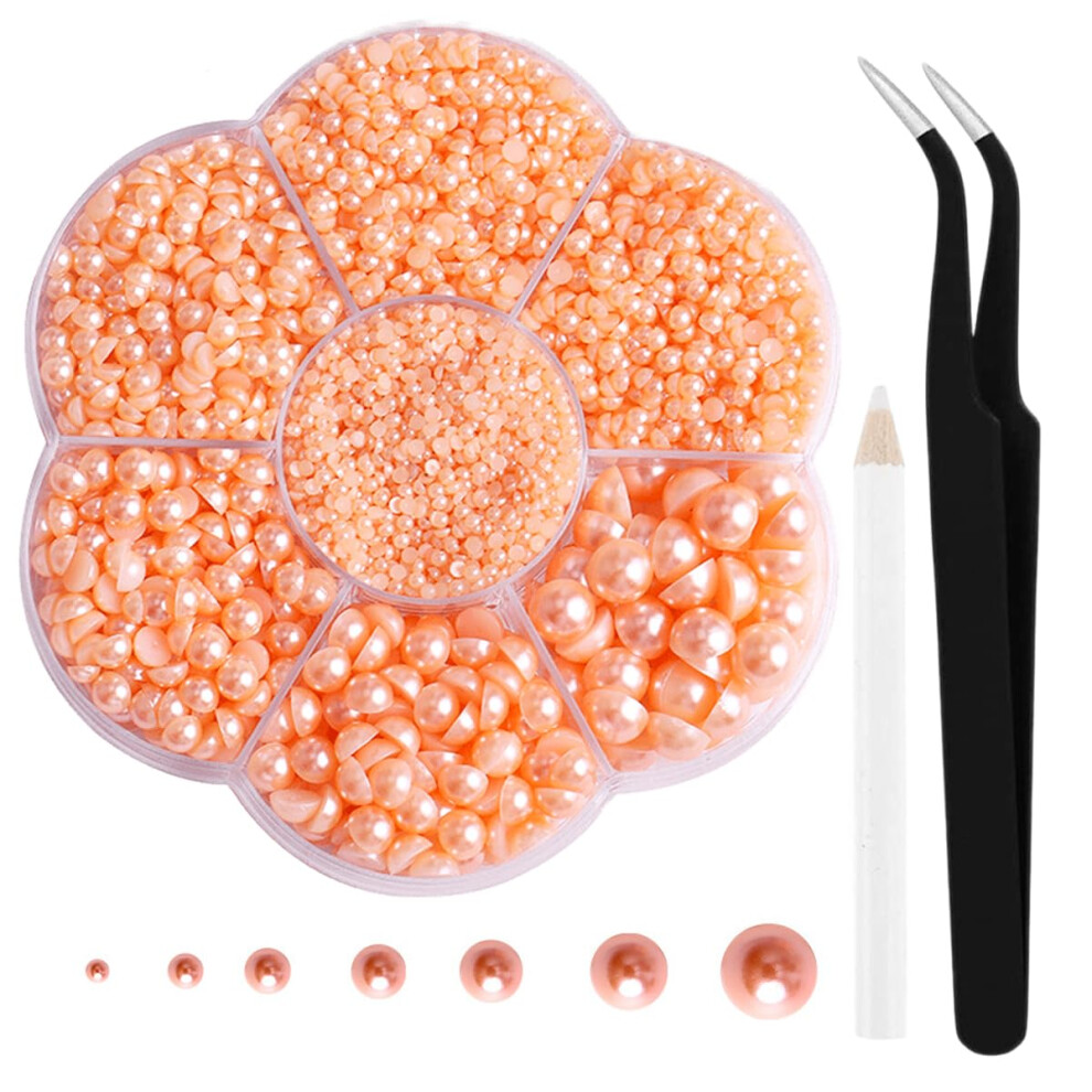 Orange Nail Art Pearls Kit With Multiple Sizes, Flatback Resin Pearls For Diy Crafts And Nails