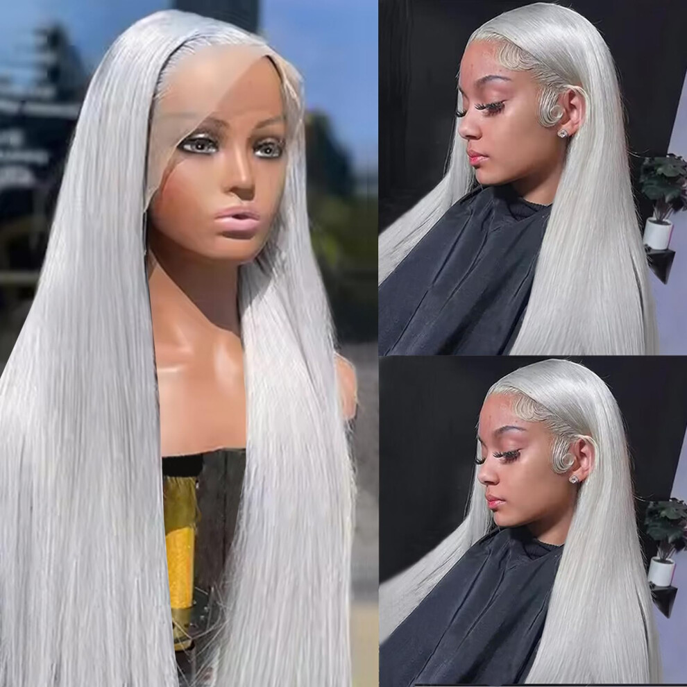 34 Inch Silver Gray Human Hair Lace Front Wig HD Lace Frontal Pre Plucked Natural Hairline 180% Density Glueless