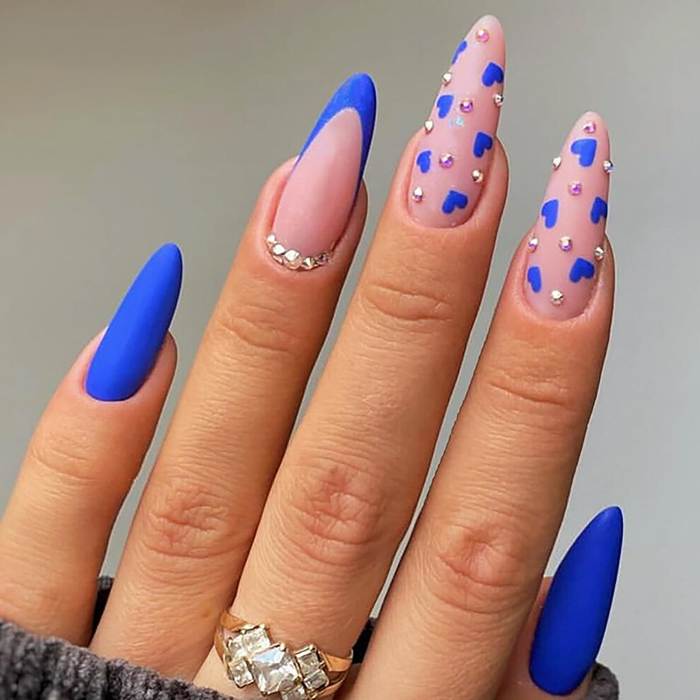 Blue Valentines Almond Press On Nails With Glue, Medium Heart Fake Nails With Rhinestone Tips
